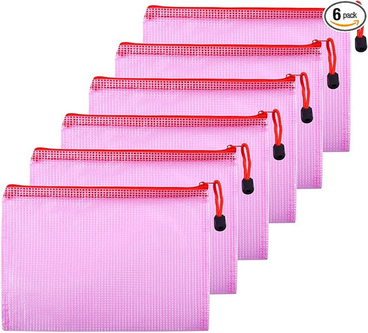 6 Pcs 4.72" x 6.3" A6 Sizes Mesh Zipper Pouch Bags, Mesh Bags with Zipper，Waterproof Clear document pouch for Organization Puzzles Travel, Office, Classroom Organization, A6 Red