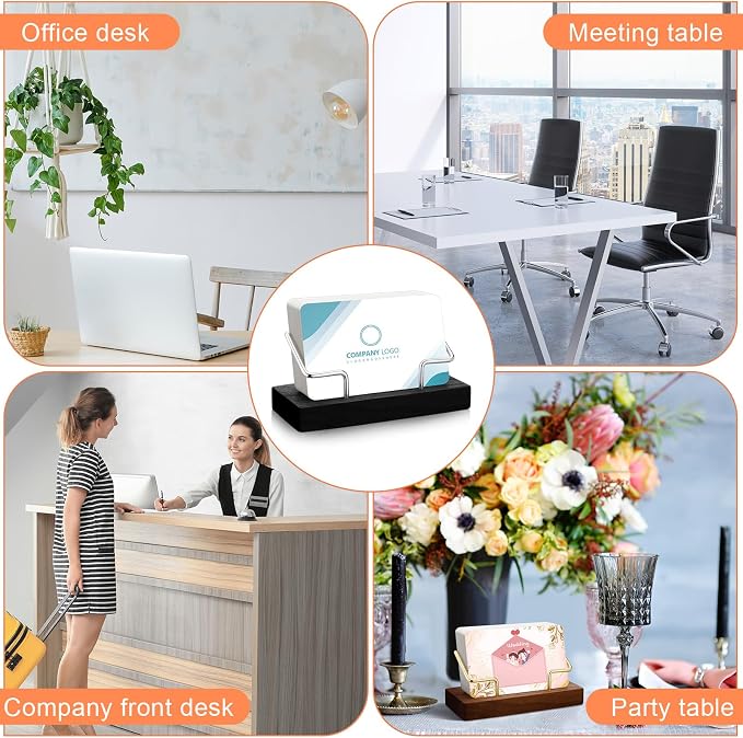 Amyhill 4 Pcs Wood Business Card Holder Display for Desk Metal Wooden Name Card Organizer Business Display Holders for Women Men Office Home Decoration(Black)