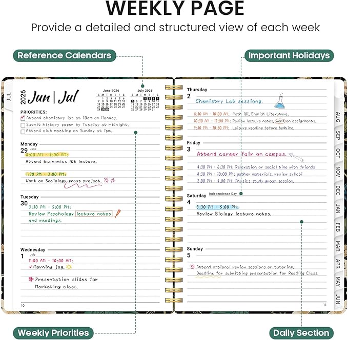 Planner 2026-2027, Academic Monthly and Weekly Calendar Planner for Women, July 2026 - June 2027, Hardcover Pretty Agenda Planner Book with Tabs, Spiral Daily Organizer for School Office Home Supplies, 6.3" x 8.5" - Forest Botanica