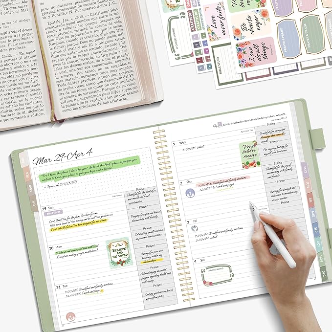 2026 Christian Planner - 12 Month Bible Journal and Prayer Planner 9"x11.2" Spiral Bound, Monthly & Weekly Christian Organizer Gifts for Women Men (Grey Green)
