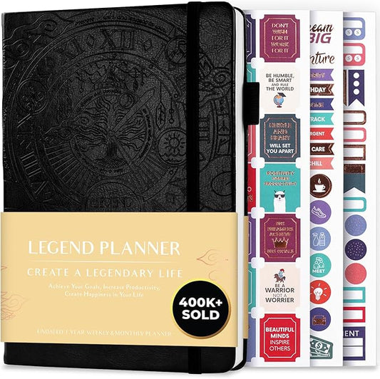 Legend Undated Weekly Planner – Goal Planner Journal & Organizer Notebook – Agenda Book with Monthly Calendar & To-Do List, A5 (Black)