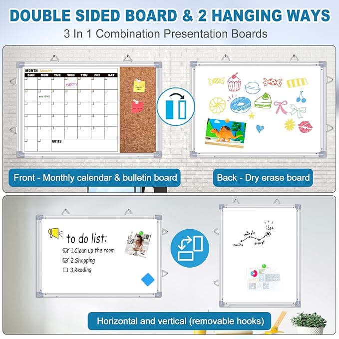 Calendar Whiteboard for Wall, 16" x 12" Double Sided Monthly Dry Erase Board Calendar for Office, Home, School, Hanging Cork Board White Board Combo, Portable Magnetic Dry Erase Planner Board