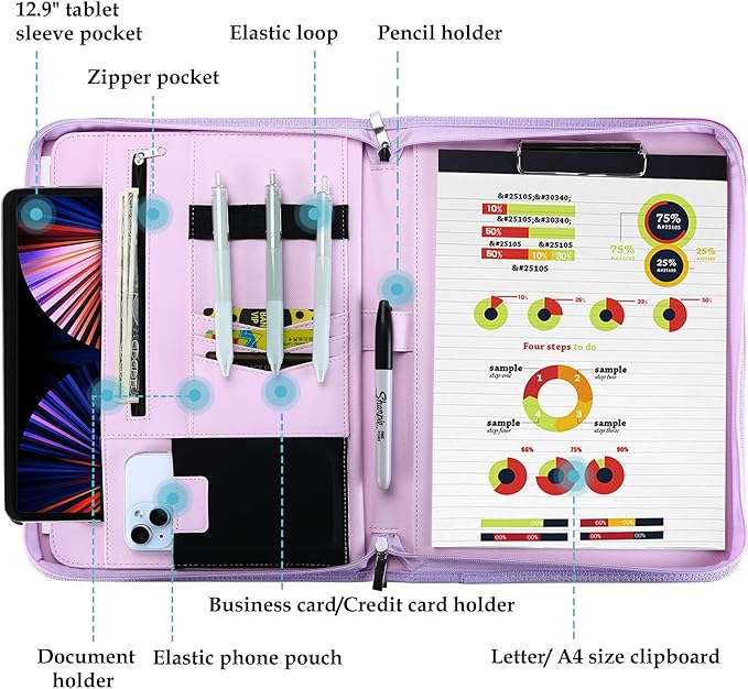 ProCase Portfolio Business Padfolio Folder with Zipper, Conference Meeting Executive File Legal Document Organizer with Pockets Letter Size A4 Writing Pad Notepad Padfolio -Purple