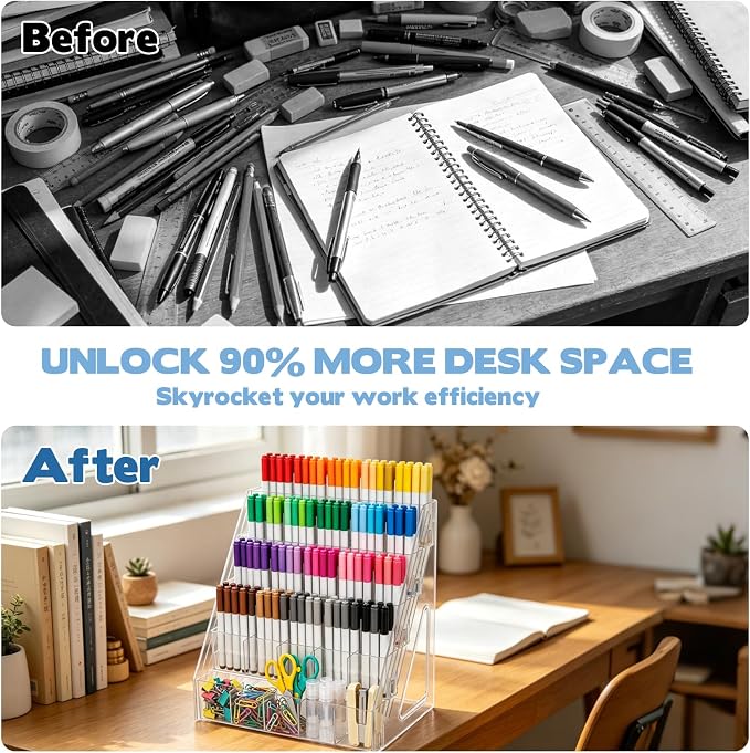 YEXEXINM 5 Tier Acrylic Desk Organizer with 25 Compartments Clear Pen Holder for Pens Pencils Markers and Art Supplies Large Capacity Desk Storage Rack for Home Classroom Office and Art Studio