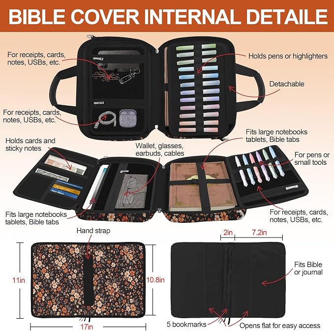 Vintage Floral Large Bible Bags for Women Organizer with Bible Cover Case, Bible Cover with Shoulder Strap & Pens & Highlighters & Cross Clip Study Kit for Bible & Church, Christian Gifts for Mom