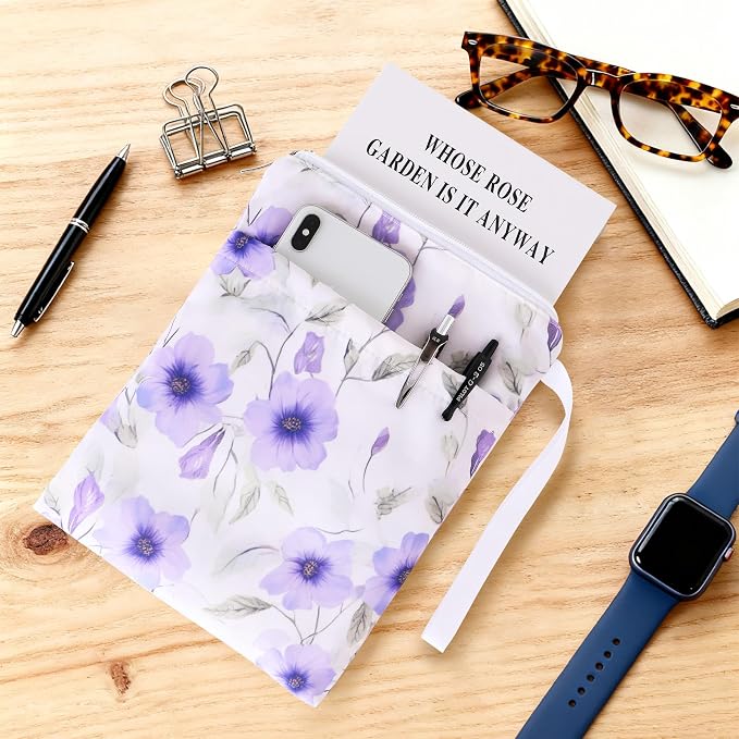 Book Sleeve with Zipper, 11''x 9'' Waterproof Paperback Sleeve for Book Lovers Books Pouch Cover with Handle for Hardcovers Kindle Sleeve for Reader Teacher Women (Purple flower, 11x 9 inch)