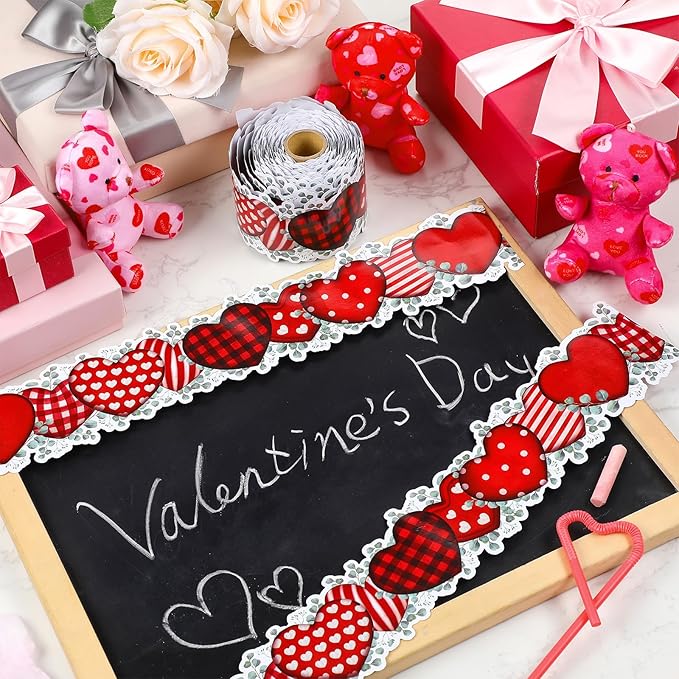 Dispowreath 68.9 Feet Valentine‘s Day Bulletin Board Border Decoration Heart Shaped Bulletin Board Trim Red Pink Love Heart Border Roll for Party Classroom Chalkboard Wall Decor (Classic Style)