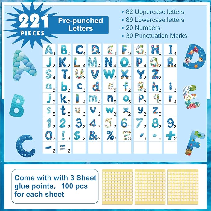 221 Pcs Ocean Bulletin Board Letters, Round Alphabet Number Punctuation Symbol Combo Letter Cutouts, Under The Sea Classroom Decor for School Classroom Chalkboard Poster Bulletin Board Wall