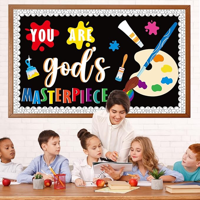 Art Paint Religious Bulletin Board Set You Are God's Masterpiece Christian Jesus Classroom Decorations Colorful Paint Splatter Wall Decor Motivational Cutouts for Sunday School Back to School Decor