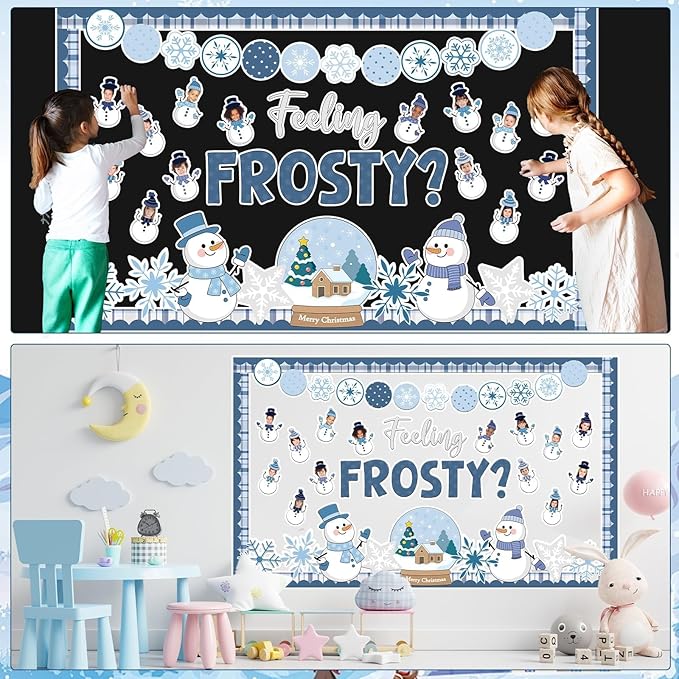 Justforjoyful Winter Bulletin Board Decoration Winter Snowman Cutouts DIY Photo Crafts Christmas Snowflake Cutouts Bulletin Board Set for Holiday Xmas Chalkboard Wall Classroom Decor School Supplies
