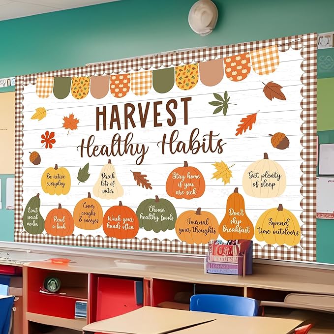 Hearvest Healthy Habits Bulletin Board Set Fall Classroom Decoration Cutouts Pumpkins Leaves Autumn Bulletin Board for School Home Office Chalkboard Whiteboard Wall Window Door Decor Supplies