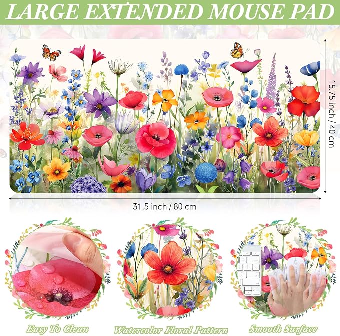 Geyoga Flower Mouse Pad for Desk 31.5 x 15.7 in Pink Floral Desk Mat for Desktop XL Large Computer Laptop Protector Keyboard Mouse Pad for Woman Back to School Gifts Work Office Home Decor