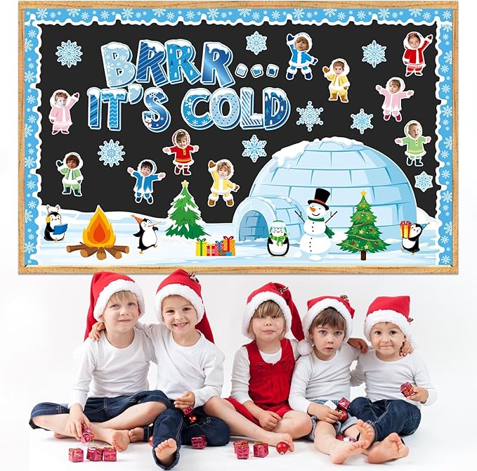 Winter Bulletin Board Decorations Christmas Snowflakes Snowman Penguin Cutouts DIY Photo Paper Cutouts Brrr It’s Cold Holiday Decor for Christmas Chalkboard School Home Wall Teacher Supplies