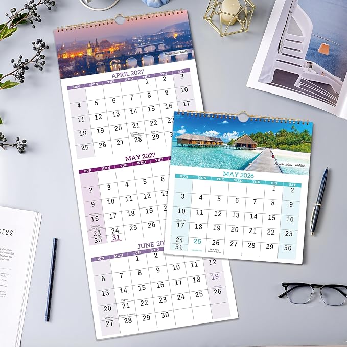 2026-2027 Calendar - May. 2026 - Jun. 2027, 3 Month Calendar Vertical Display, Wall Calendar 2026-2027, 11" x 26"(when opened)