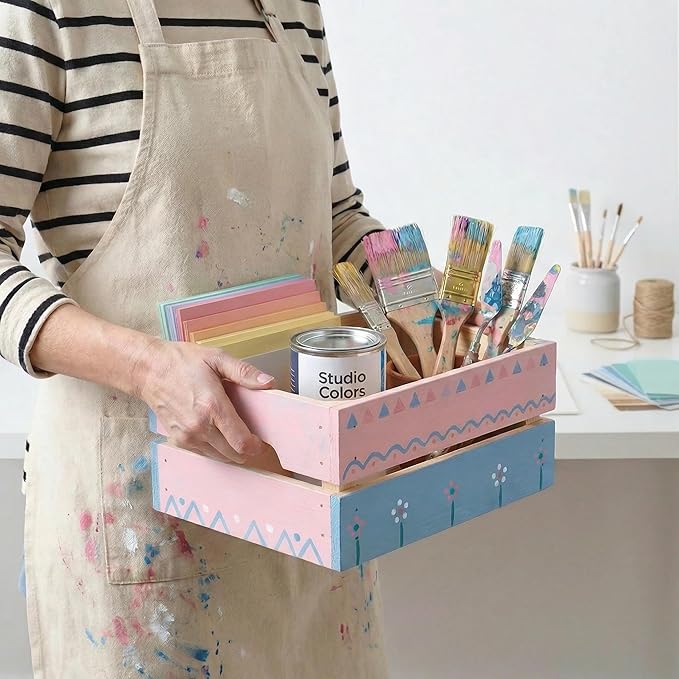 WOPITUES Wooden Crate,Wood Crates for Storage,Stackable Pantry Bins and Pantry Organizers with Handles,Pantry Baskets,Wooden Box for Pantry,Kitchen,Garden,Garage,Display, Nature Wood
