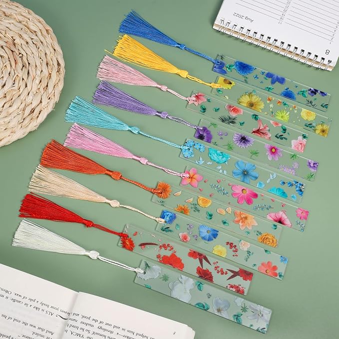 10Pcs Flower Resin Bookmark Transparent Floral Bookmarks for Women Cute Bookmarks Flower Page Marker with Tassels, Gifts for Book Lovers, Women, Kids