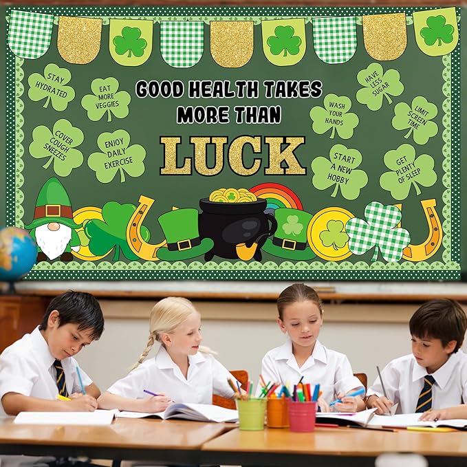 St. Patrick's Day Healthy Bulletin Board Set Lucky Shamrock Classroom Decoration Clover Leprechaun Hat Gold Coin Jar St.Patrick's Paper Cutouts for Teachers School Chalkboard Wall Decor