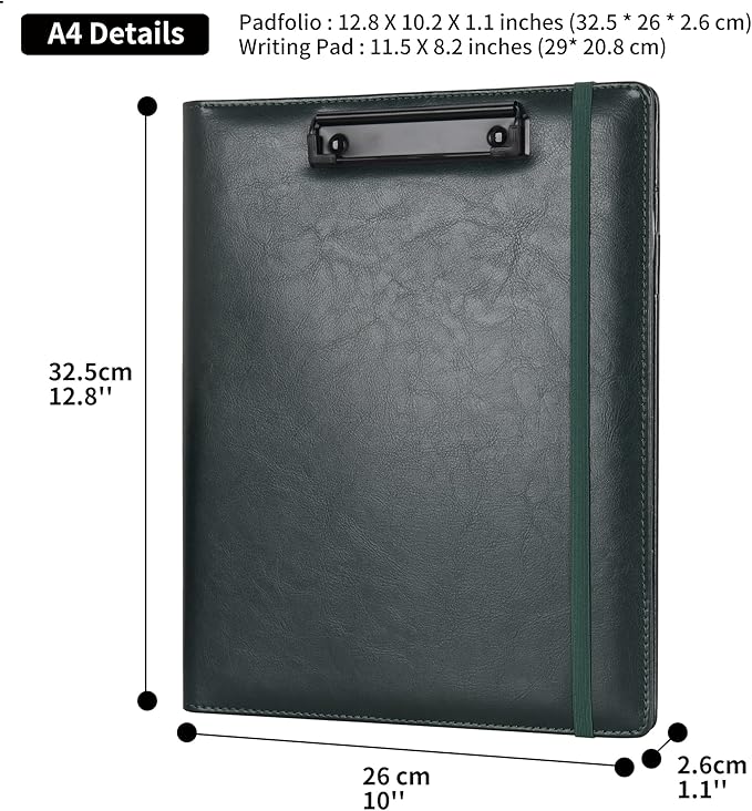 Wonderpool A4 Leather clipboard Folio Notepad with Interior Storage Pocket - Writing Padfolio File Document Case Holder for Office Travel School Hotel Hospital (A4,Green)