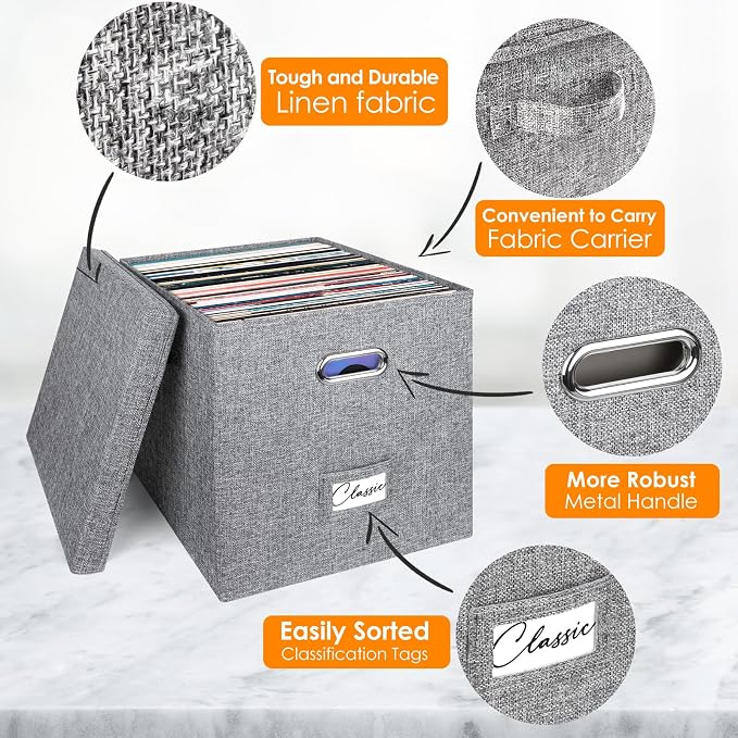 Vinyl Record Storage Box Set of 2 - for 100+ Single LPs (12-Inch), Stackable Albums Linen Crate with Lid, Play Music Collection Holder, Document File Folder Cabinet Organizer Case with Handle