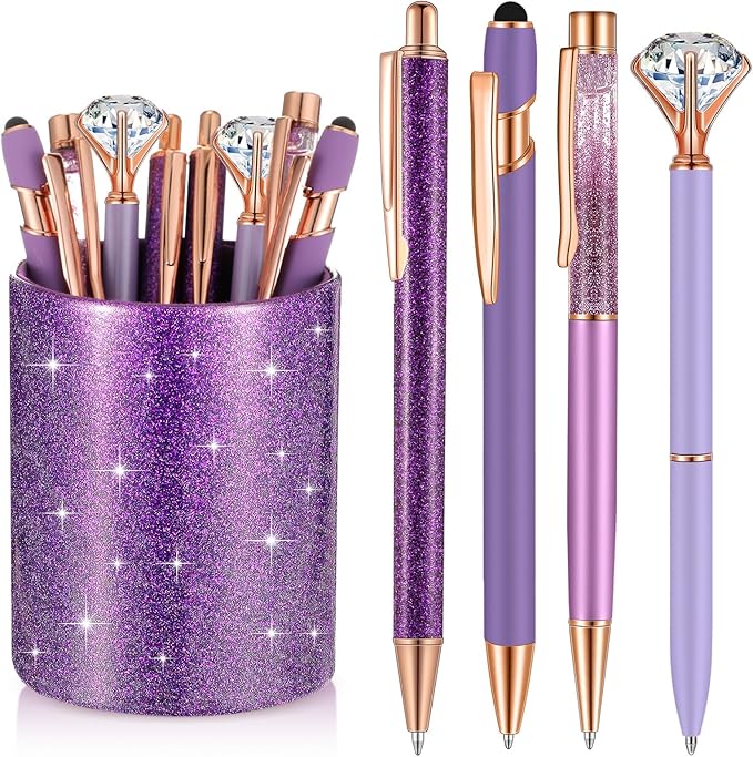 Sabary 8 Pcs Purple Pens with Pen Holder for Desk Glitter Crystal Diamond Cute Ballpoint Fancy Pencil Holder Bling Desk Organizer for Women Girls School Office Supplies Wedding Graduation Gifts