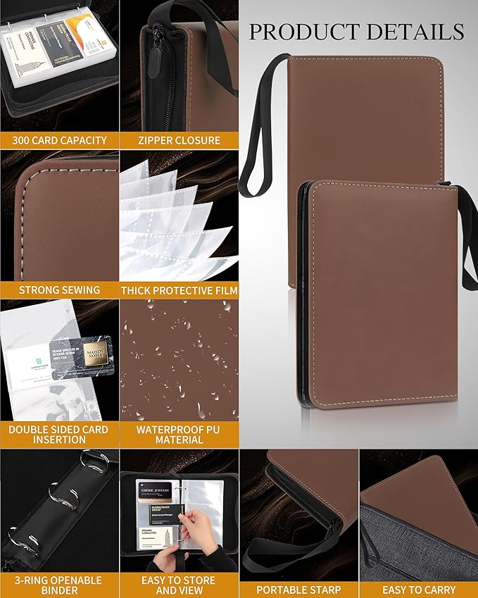 Leather Business Card Book Holder Organizer, Professional Name Card Book Holder with 300 Card Capacity, Portable PU Credit Card Binder File Sleeve Storage for Men Women,50 Pack Sleeves Zipper Closure