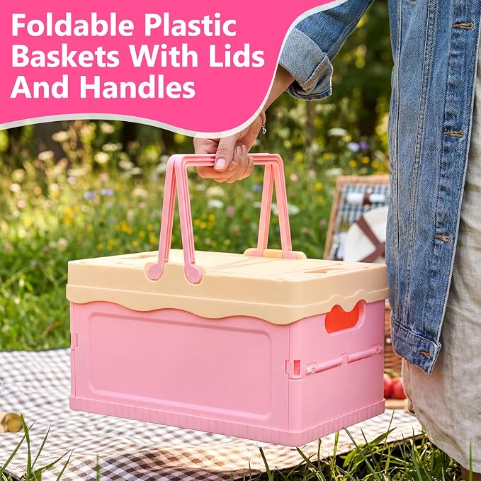 2 Pcs Pastel Plastic Collapsible Storage Crates with Lids and Handle Collapsible Picnic Basket Stackable Storage Bins Cute Foldable Container for Home Kitchen Office Bathroom(Pink,Hot Pink)