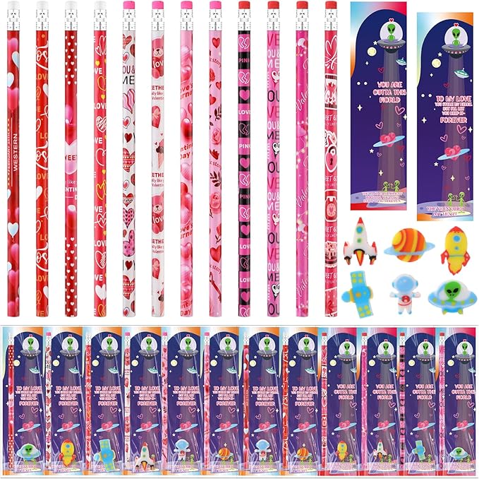 Tinlade 24 Sets Space Theme Valentines Gift Sets Space Theme Pencil Eraser Valentine's Card with You Are Outta This World Heart Pencil Bulks Party Gift for School Office Exchange Party Favors Supplies