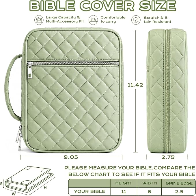 XKDOUS Quilted Bible Cover Case with Bible Study Accessories Kit, Waterproof Large Capacity Bible Bag for Women Men, Portable for Church Study, Multiple Morandi Color Options (Green)