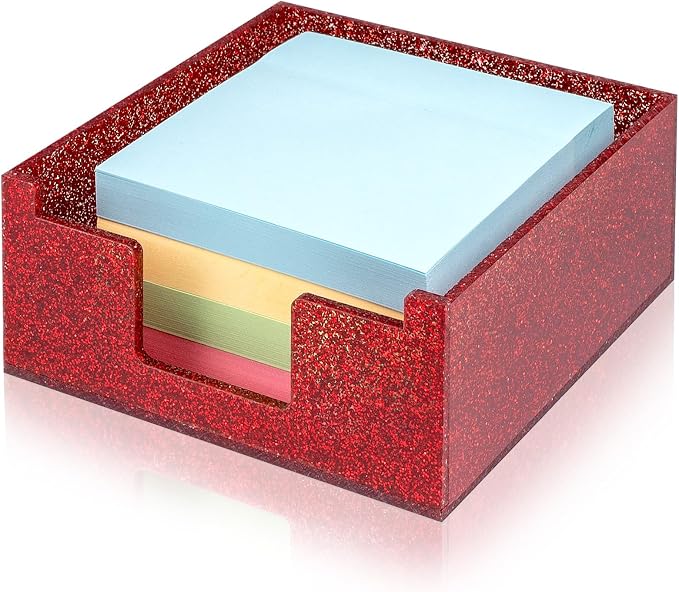 Red Sparkling Sticky Note Holder, Glitter Acrylic Organizer, 3.94 x 3.94 in Multi-Use Tray for Office, School & Home Desk