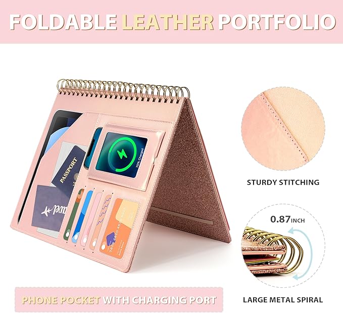 Ospelelf Clipboard with Storage for Women, Leather Padfolio Portfolio Organizer 5 Folders with 10 Pockets, Spiral Clipboard Folio with Notepad for Letter Size, Elastic Closure and Pen Loop Rose Gold