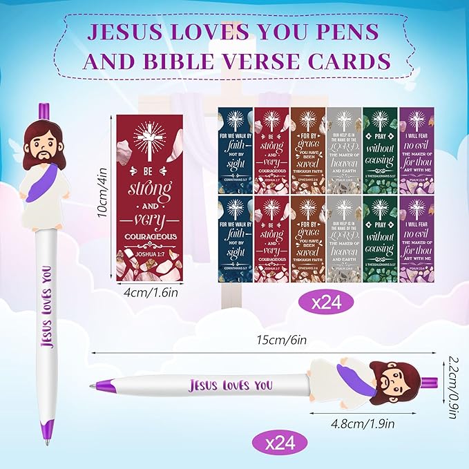 CroBlissful 48 Pcs Easter Pens Jesus Pens Bulk Christian Gift for Kid Jesus Loves You Sunday School Prize Religious Easter Gift Bible Verse Ballpoint Pen with Bookmarks for Catholic(Classic Style)