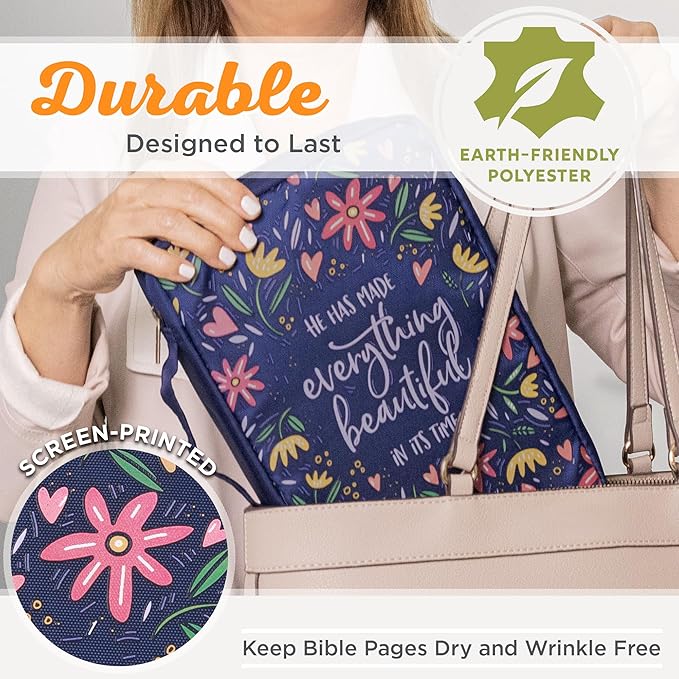 Christian Art Gifts Men/Women's Bible Cover Everything Beautiful Ecclesiastes 3:11, Blue Floral Canvas, Medium