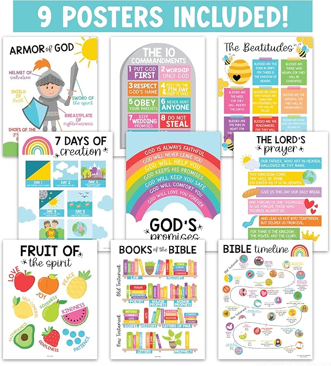Hadley Designs Sunday School Decorations for Classroom –9 Bible Posters for Kids, Books of the Bible, 10 Commandments, Bible Timeline Chart, Fruits of the Spirit, Rainbow Christian Classroom Decor