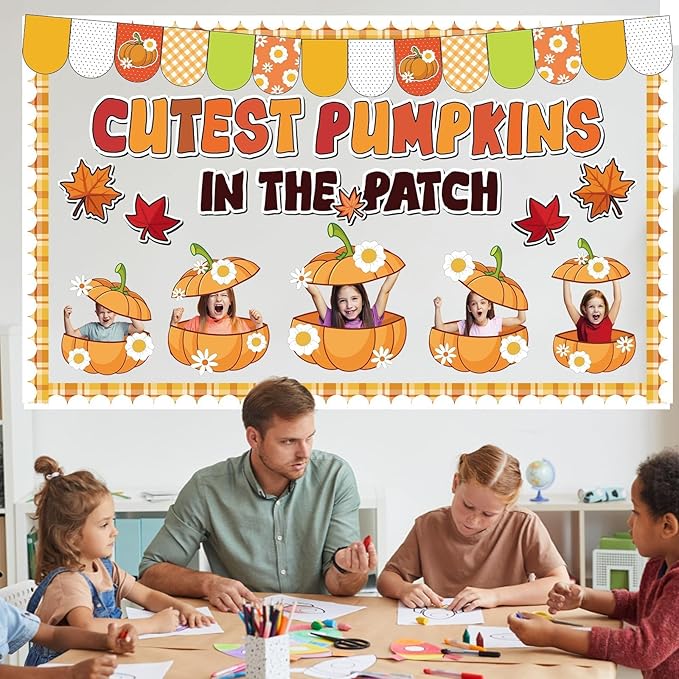 Thanksgiving Pumpkin Bulletin Board Fall Pumpkin Classroom Decorations Autumn Flower DIY Photo Crafts Cutout Pumpkins in The Patch Classroom Decor for Thanksgiving School Office Chalkboard