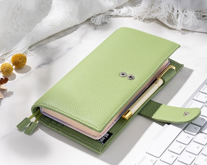 Genuine Leather Cover for Hobonichi Weeks/Weeks Mega with Pen Loop, Card Slots, Back Pocket, and Bookmarks (Green)