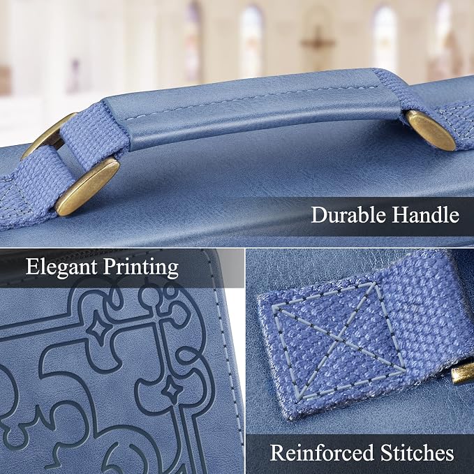 FINPAC Large Classic Bible Cover Vegan Leather Carrying Book Case Church Bag Bible Protective with Handle, Gift for Men, Women, Father, Mother, Friends, Blue