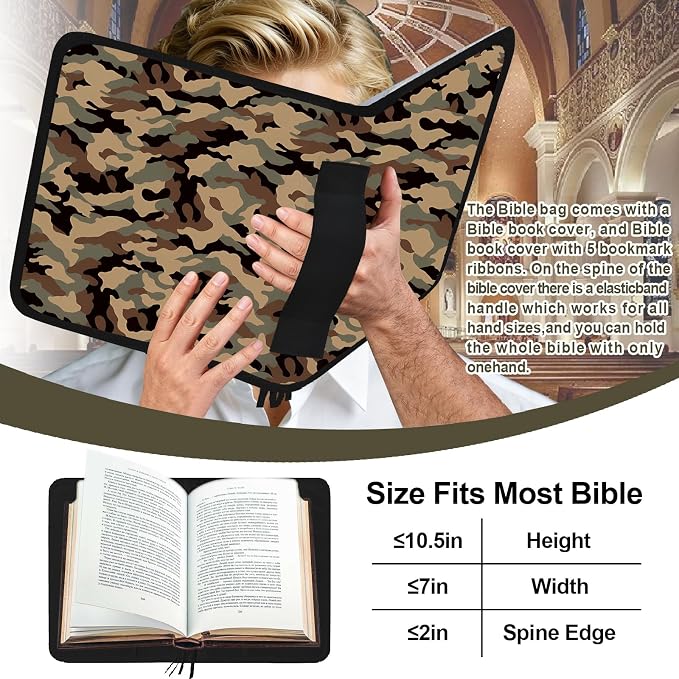 Camo Bible Case Covers for Boys, Large Bible Tote Bag for Men,Bible Carrier,Bible Holder Organizer with Shoulder Strap Zipper Pocket,Bible Study Supplies Kit With Highlighters,Tabs,Pens,Christian Gift