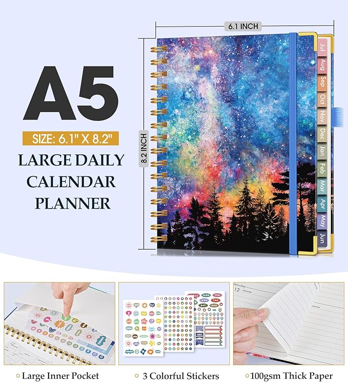 Academic Planner 2026-2027, Hardcover Leather Weekly and Monthly Calendar Planner from July 2026 - June 2027, A5 6.1" x 8.2" Daily Agenda with Tabs, College School Organizer for Student Teacher, Forest Under a Starry Sky