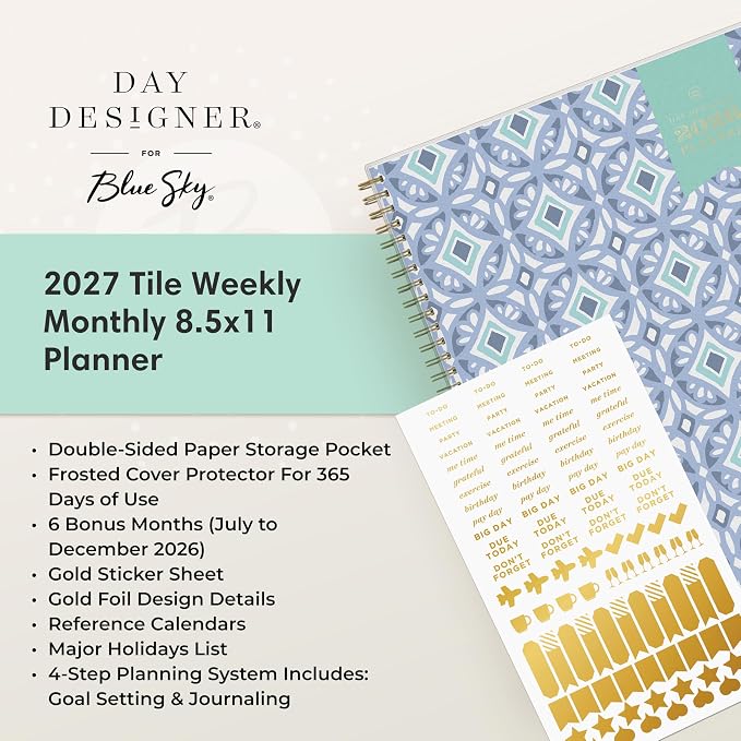 Blue Sky Day Designer 2027 Weekly and Monthly Planner Calendar, January 2027 - December 2027, 8.5" x 11", Flexible Cover, Durable Twin Wire Binding, Storage Pocket, Includes Stickers, Tile