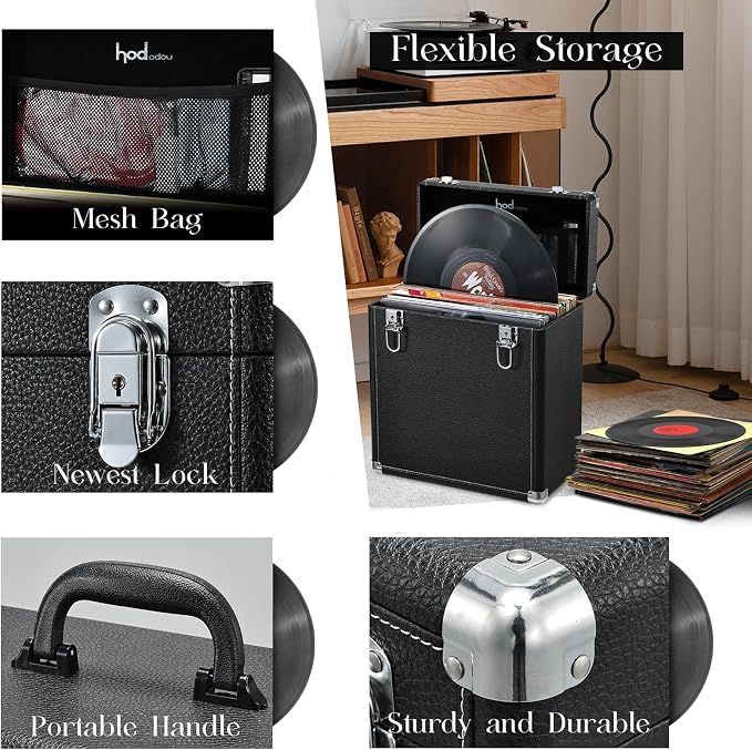 Hododou Vinyl Record Storage Box with Lock Record Organizer Storage for 30+ Single Records 12-inch Water Resistant Collapsible Storage Crate with Lid Handle Mesh Pouch for Valuable Album Collection