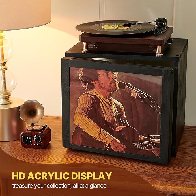 DGWJSU Vinyl Record Storage, Record Storage Box Holds 120 Records, Wooden Vinyl Holder Display Window(7″/10″/12″), Vinyl Storage For Music Corners, Display Collections, Home Theaters, Living Rooms