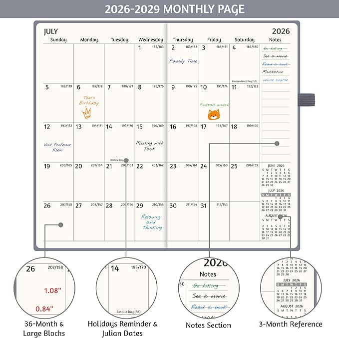 2026-2029 Pocket Monthly Planner, 3 Year Calendar 2026-2029, 6.2’’ x 3.6’’ x 0.67’’, Small Calendar 2026, 36 Months from Jul 2026 - Jun 2029, Hardcover, Back Pocket, Thick Paper, Lightweight to carry