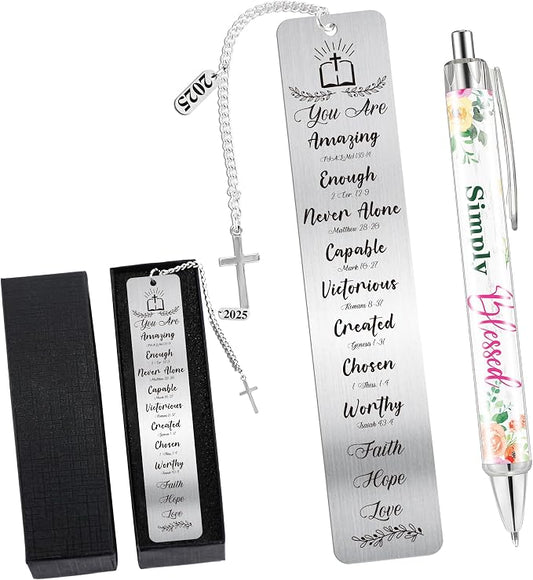 Christian Bookmark and Pen Gift Set, Inspirational Bible Verse Metal Book Mark with Cross Charm Ballpoint Pen, Book Markers for Women Men Students,Faith-Based Back to School Office Stationery