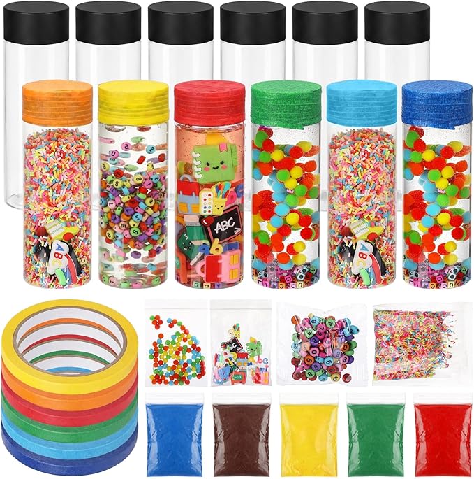 146 Pcs Sensory Bottles Filler Fine Kits Sensory Bin Items Counting Sorting Supplies for Education Activities Include Pom Poms Pen Scissors Notebooks
