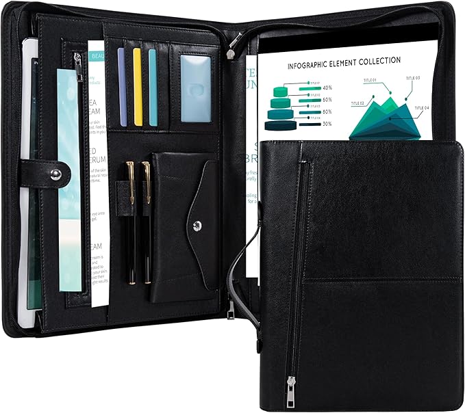Calfinder Portfolio Binder, Portfolio with Handle and Zipper, Leather Portfolio for Men Women,Portfolio Organizer for A4 Letter Size Notepad, Business Card Holder,Padfolio for Business, School, Work