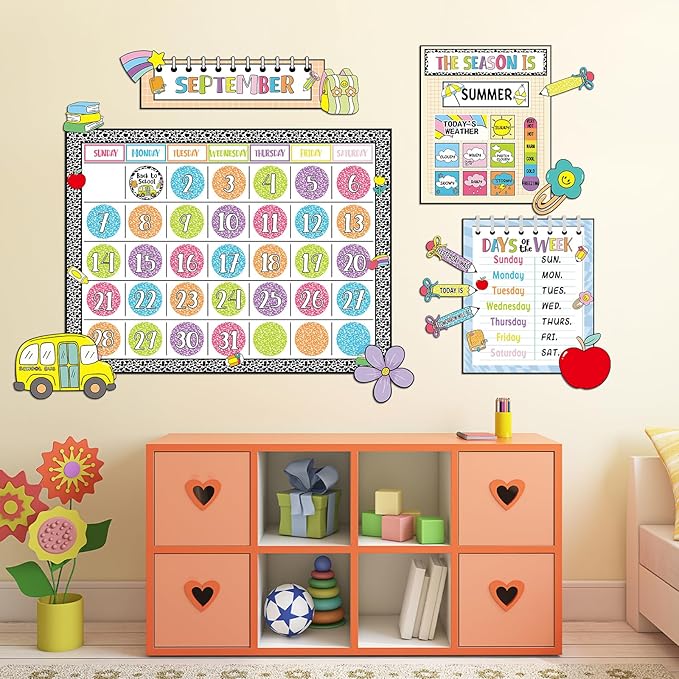 Classroom Calendar Bulletin Board Set for Back to School Bulletin Board Decoration Pencil Apple Seasons Weather Chart Composition Notebook Paper Cutouts for Teachers Elementary School Classroom