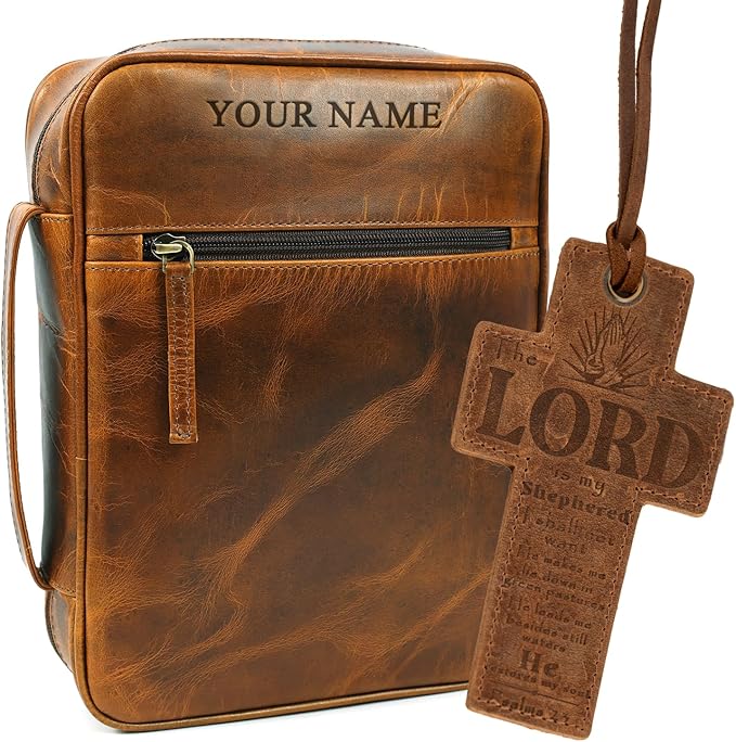 ELIZO Personalize Leather Bible Cover for Men Bible Case Women Holder Carrying Organizer Wrap Sleeve Protector Christian Religious Gift Cross Bookmark – Large Antique Brown