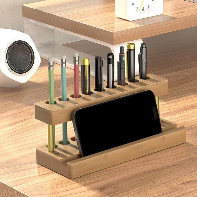 Wooden Holder for Office Desk, Solid Wood Pen Display Stand With 9 Slots and Cell Phone Holder, Aesthetic Pen Organizer for Minimalist Office Desk Decor (Wood+Gold)