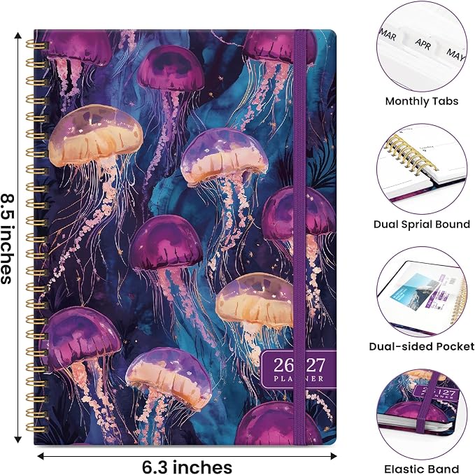 Planner 2026–2027, Academic Planner Weekly and Monthly Calendar Jul 2026 – Jun 2027 Hardcover Planner with Tabs and Pocket, Spiral Bound Agenda Book for Student & Teacher, 6.3" x 8.5", Ocean Glow