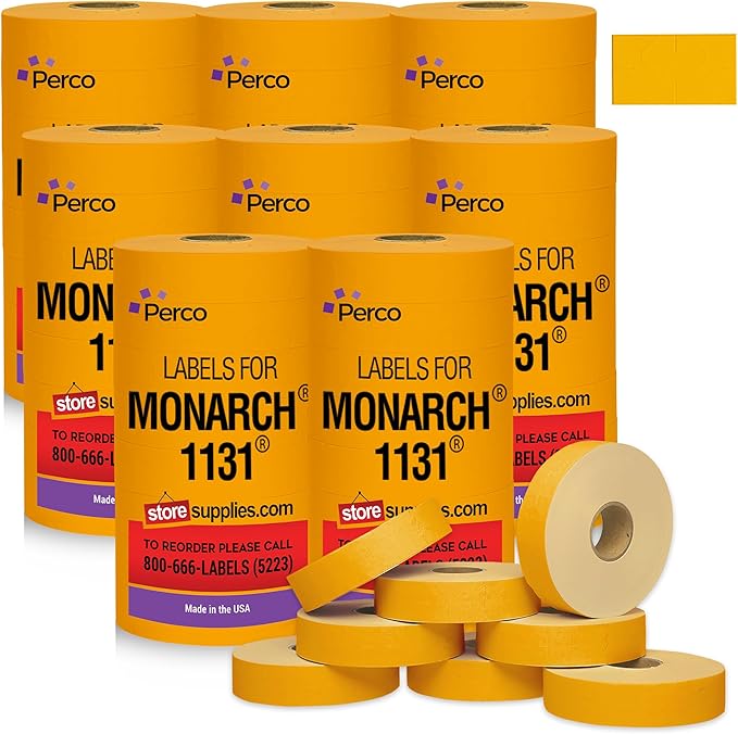 Perco Fluorescent Orange Pricing Labels - 160,000 Labels (8 Sleeves, 64 Rolls) for Monarch 1131 Price Gun - Includes Ink Rolls